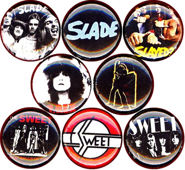 1970s glam bands x 8 1"inch pins buttons music records album