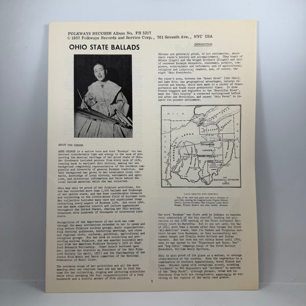 Anne Grimes – Ohio State Ballads (History Through Folksongs) LP USED Vinyl VG++/VG+