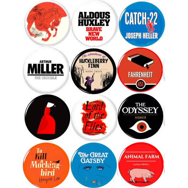 Book Lover x 12 1" Inch (25mm) button pins library books