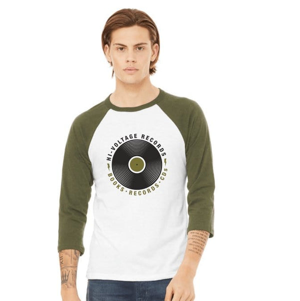Hi-Voltage Merch Hi-Voltage Records Baseball Tee - White and Olive Green