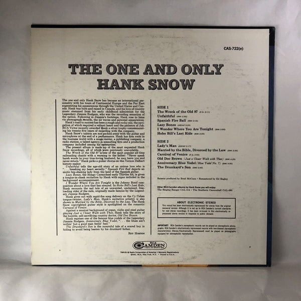 Used Vinyl Hank Snow - The One And Only LP VG++-VG++ USED 8920
