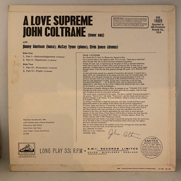 Used Vinyl John Coltrane – A Love Supreme VG+/VG+ 1965 UK Pressing J090124-10