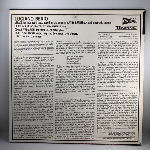 Used Vinyl Luciano Berio - Visage, Sequenza III, Cirles, Cinque Variazioni LP VG++/VG++ USED I010222-014