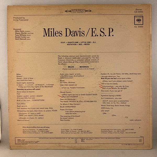 Used Vinyl Miles Davis – E.S.P. LP USED VG+/VG Original Pressing J040724-02