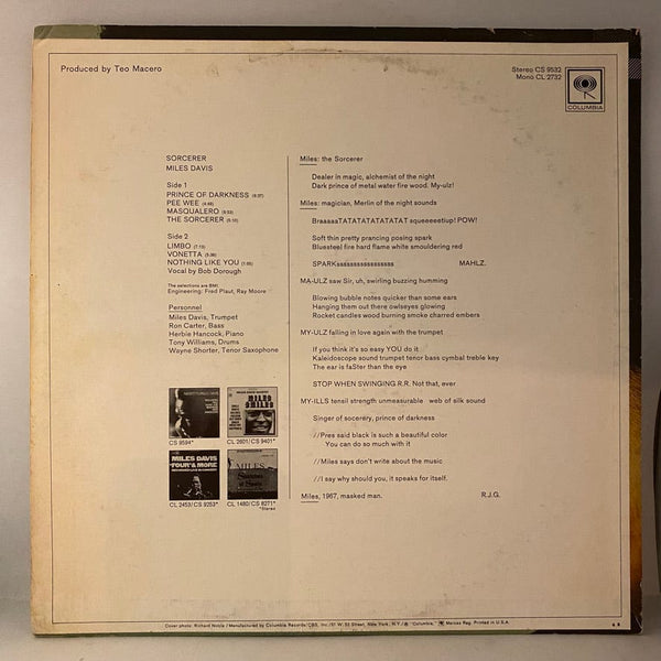 Used Vinyl Miles Davis – Sorcerer LP USED VG+/VG+ 1967 Pressing J060724-14