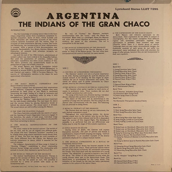 Used Vinyl Various Artists - Argentina - The Indians Of The Gran Chaco LP USED VG++/VG J080822-01