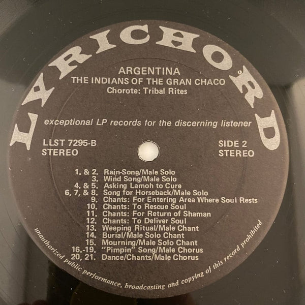 Used Vinyl Various Artists - Argentina - The Indians Of The Gran Chaco LP USED VG++/VG J080822-01