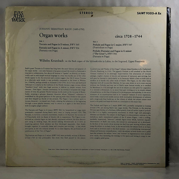 Used Vinyl Wilhelm Backhaus - Johann Sebastian Bach: Organ Works 1708-1744 LP German Import VG++/VG USED 13907